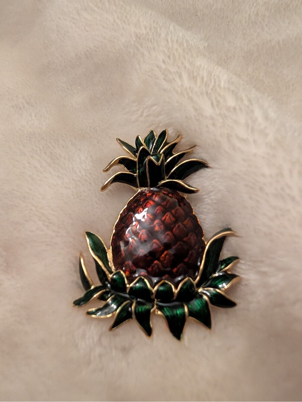 Vtg Fish & Crown Cloisonne Enamel Pineapple Brooch Pin 1980s Costume Jewelry